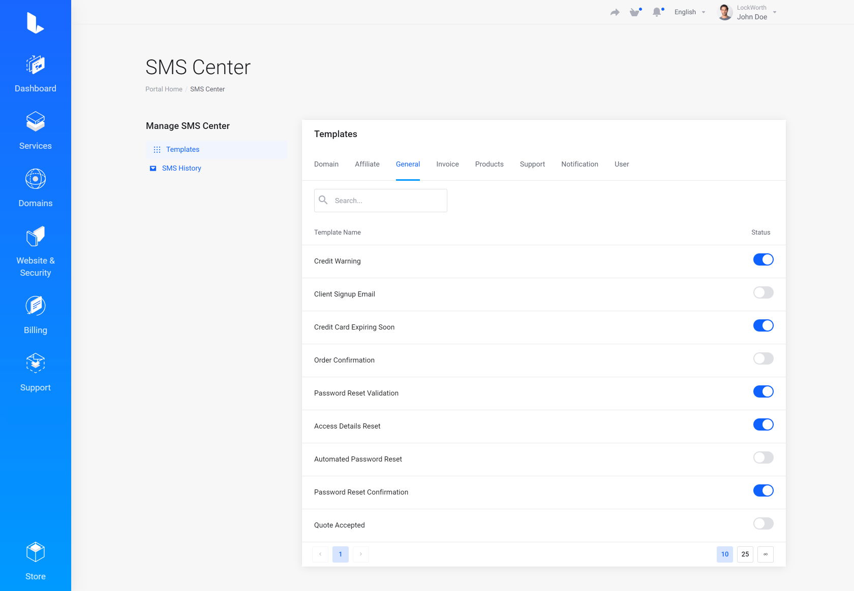 Lagom WHMCS Client Theme - SMS Center for WHMCS Module Integration - Depth Style