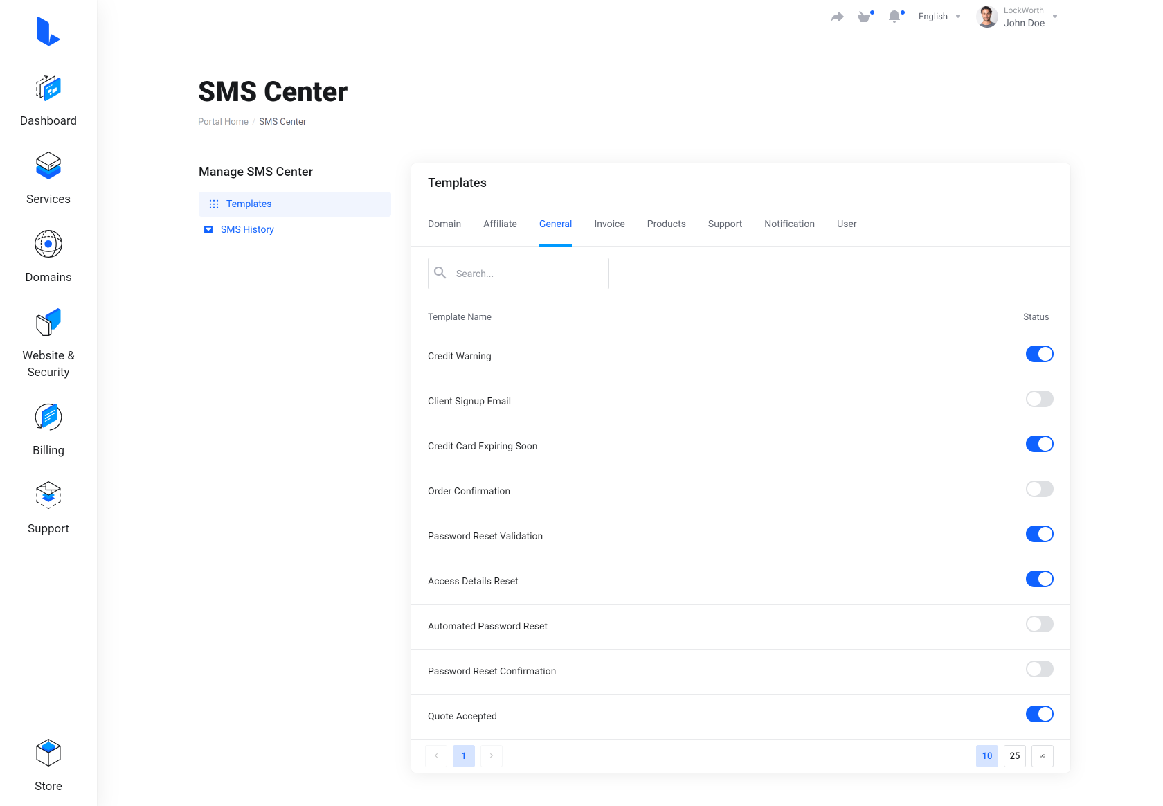 Lagom WHMCS Client Theme - SMS Center for WHMCS Module Integration - Modern Style