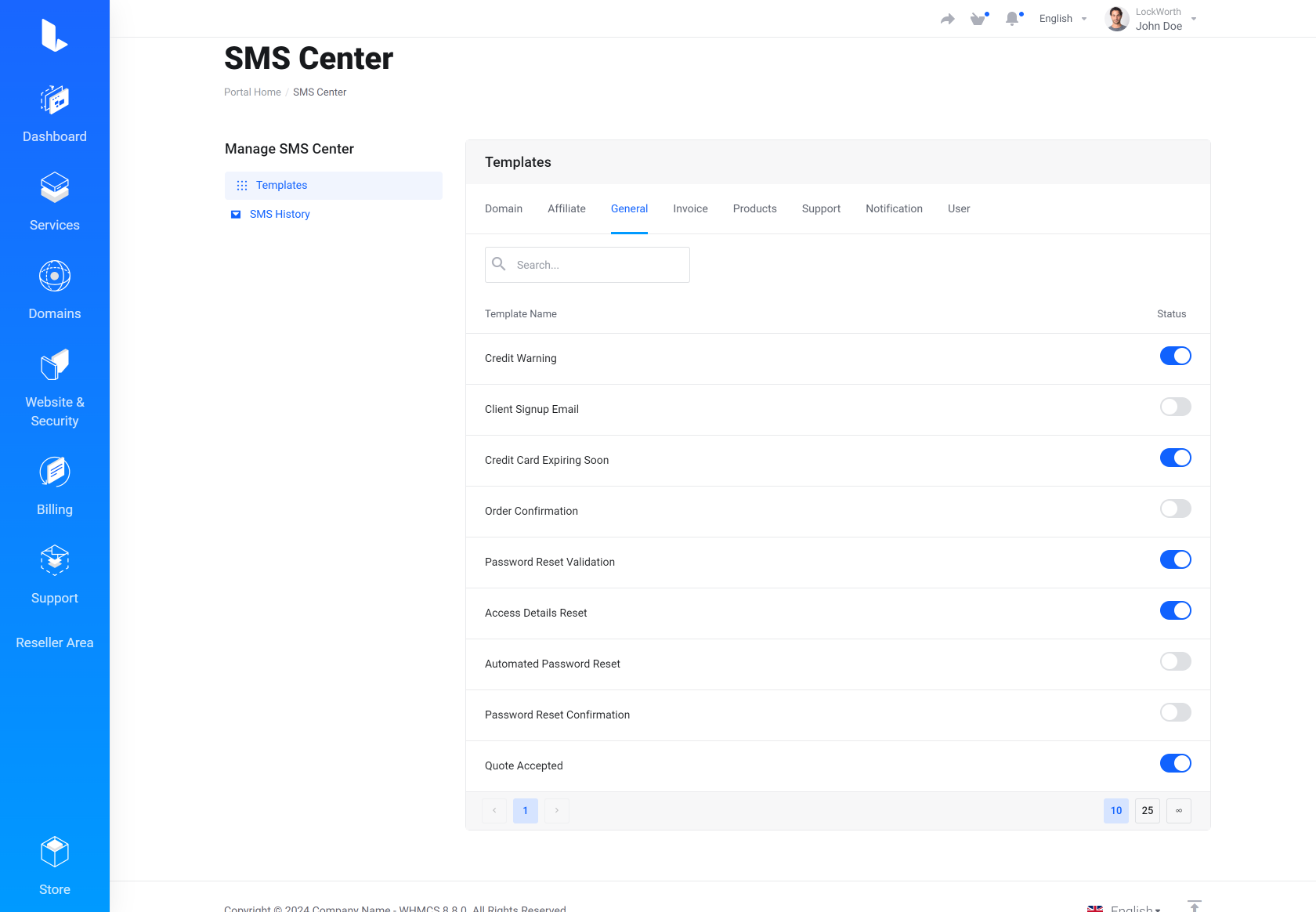Lagom WHMCS Client Theme - SMS Center for WHMCS Module Integration - Default Style
