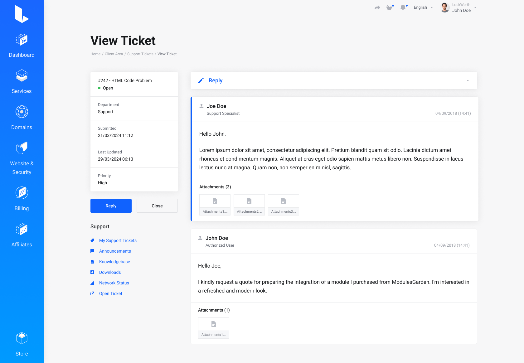 Lagom WHMCS Client Theme - Freshdes for WHMCS Module Integration - Depth Style
