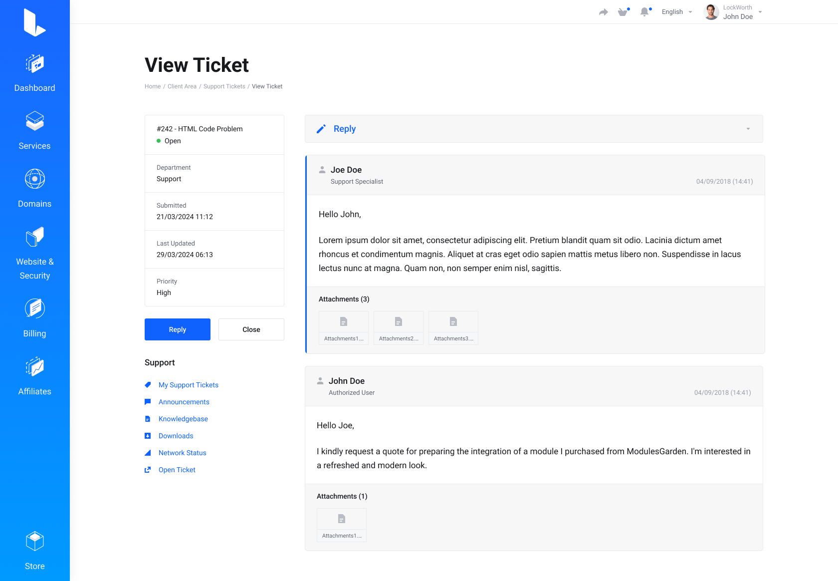 Lagom WHMCS Client Theme - Freshdes for WHMCS Module Integration - Default Style