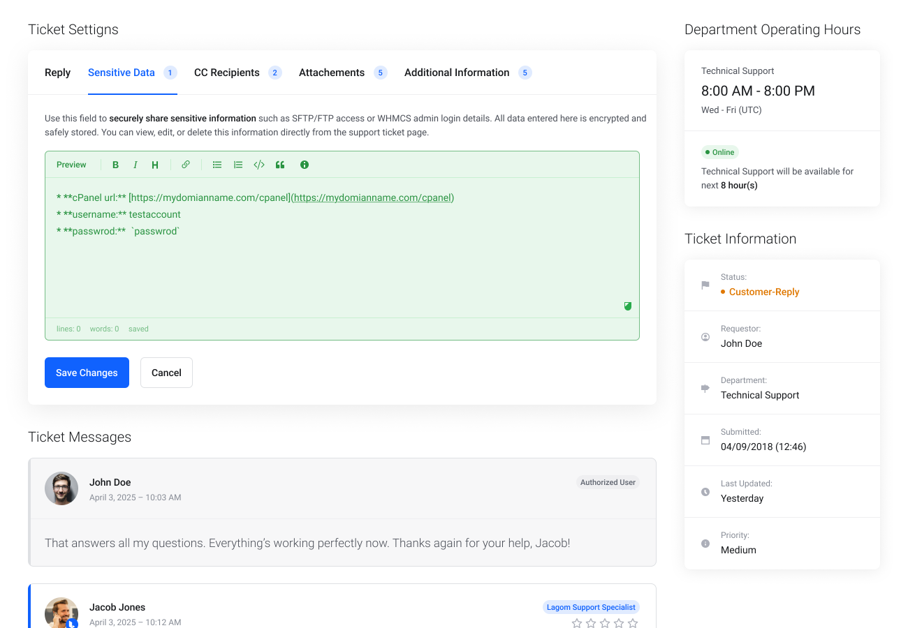 Customers manage sensitive data linked to WHMCS support tickets – Lagom WHMCS Sensitive Data