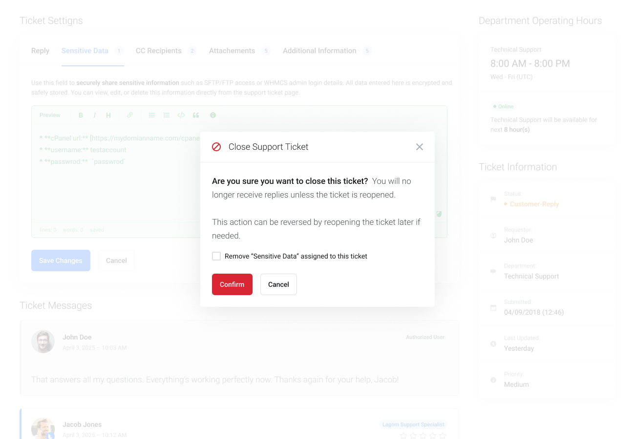 Customers remove sensitive data from WHMCS tickets after issue resolution – Lagom WHMCS Sensitive Data