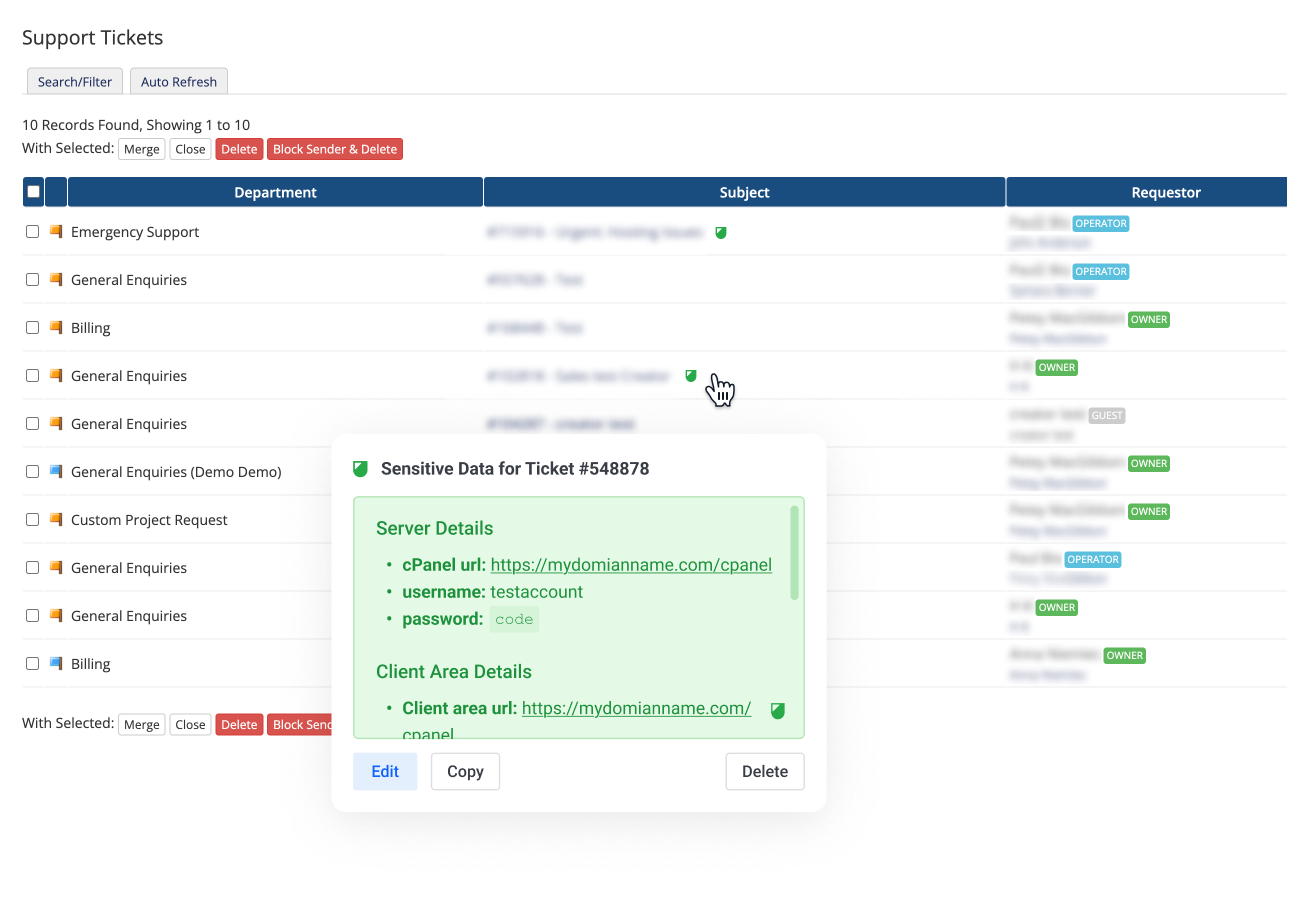 WHMCS support team sees icons for sensitive data in ticket and client lists – Lagom WHMCS Sensitive Data