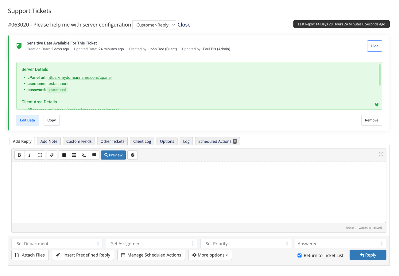 Support team accesses sensitive data directly from WHMCS ticket view – Lagom WHMCS Sensitive Data