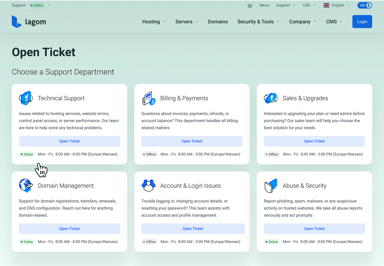 Support Availability in Lagom WHMCS Client Theme Departments Page - Lagom WHMCS Support Hours