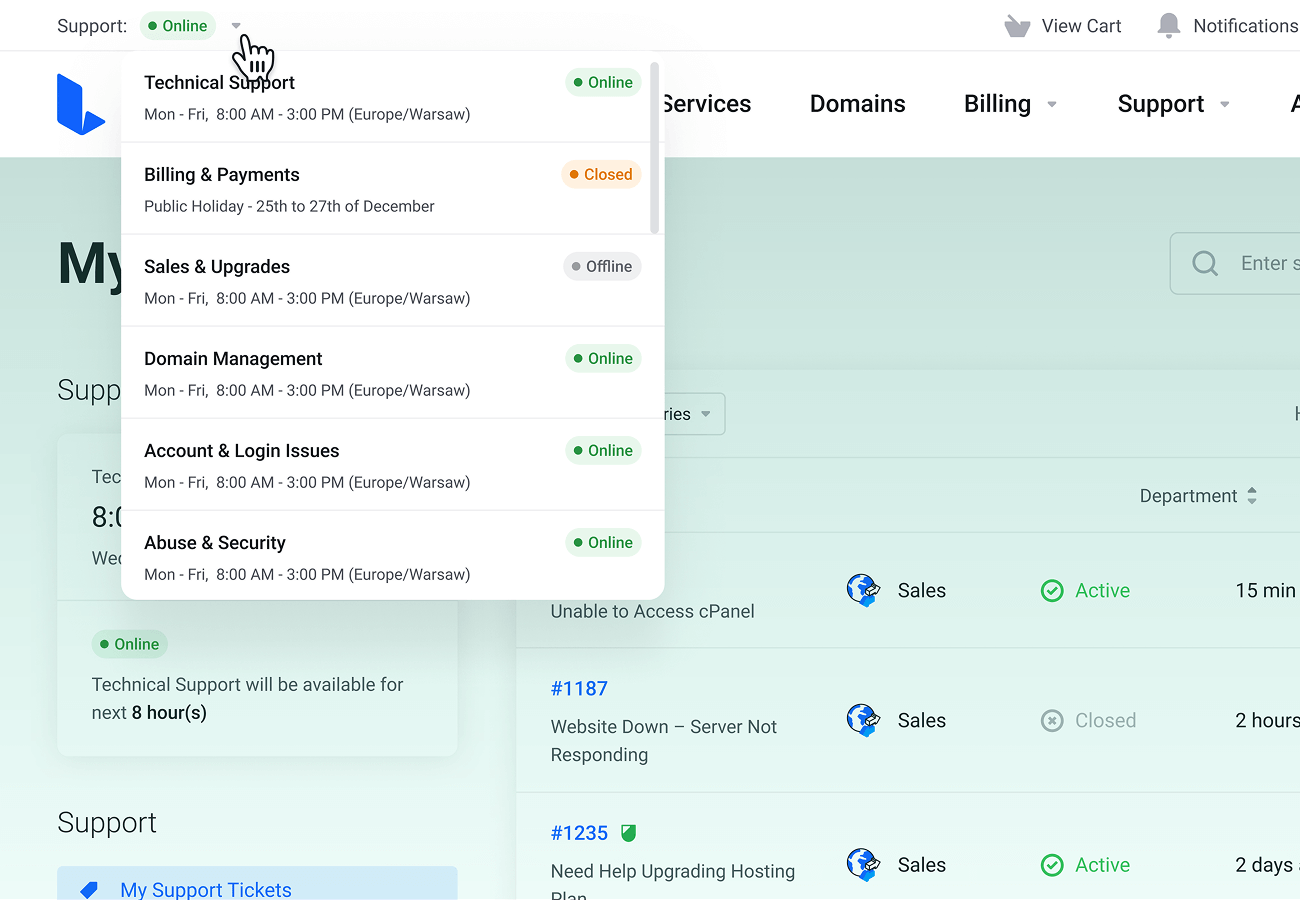 Support Departments Availability in Lagom WHMCS Client Theme Navigation - Lagom WHMCS Support Hours