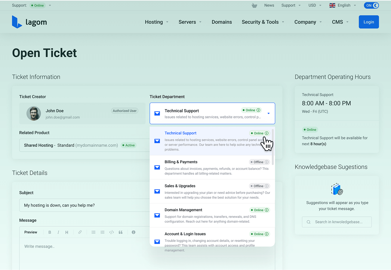 Support Departments Availability in Lagom WHMCS Client Theme Open Ticket Page - Lagom WHMCS Support Hours
