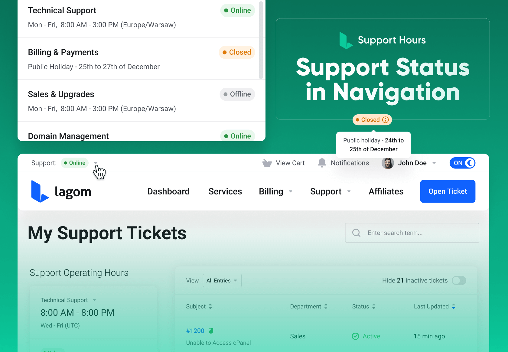 Support Departments Availability in WHMCS Navigation - Lagom WHMCS Support Hours