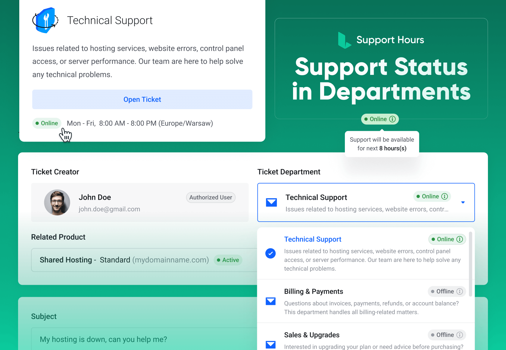 Support Availability in WHMCS Departments Page - Lagom WHMCS Support Hours