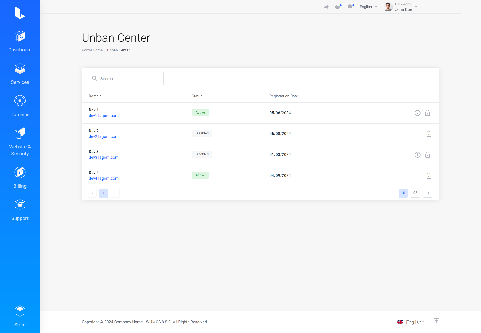 Lagom WHMCS Client Theme - Unban Center for WHMCS Module Integration - Depth Style