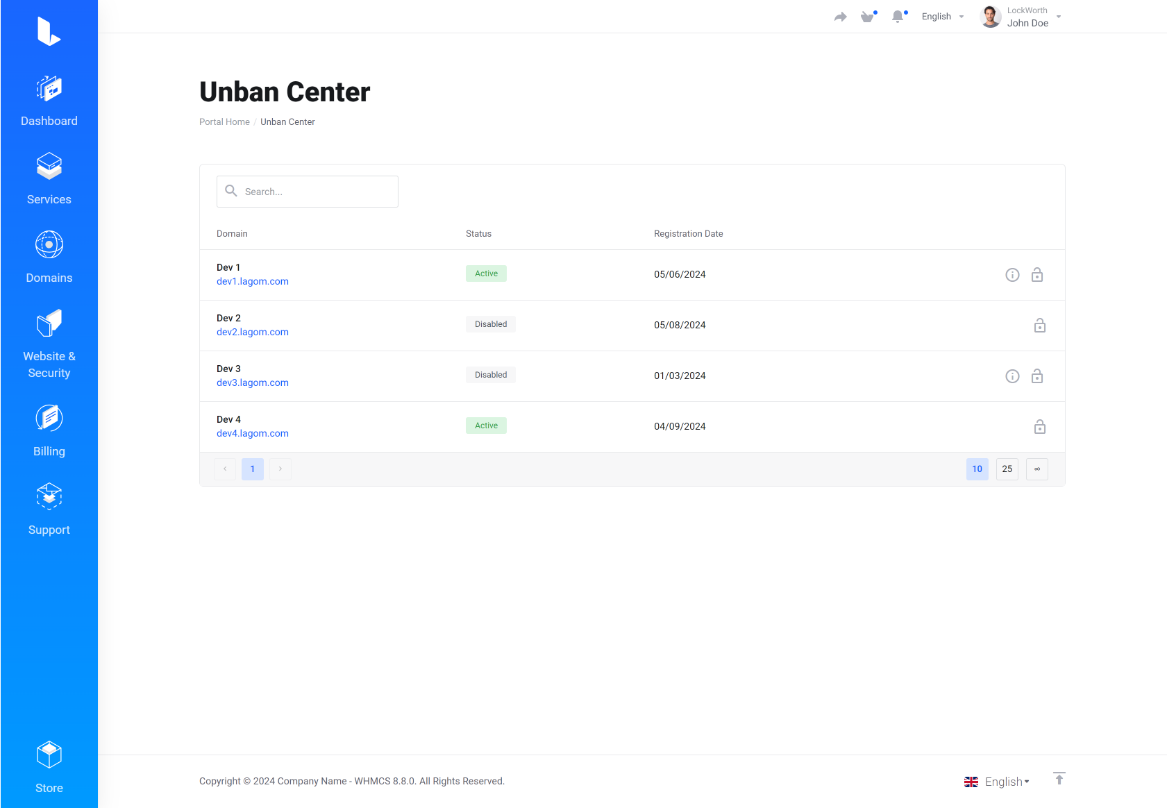 Lagom WHMCS Client Theme - Unban Center for WHMCS Module Integration - Default Style
