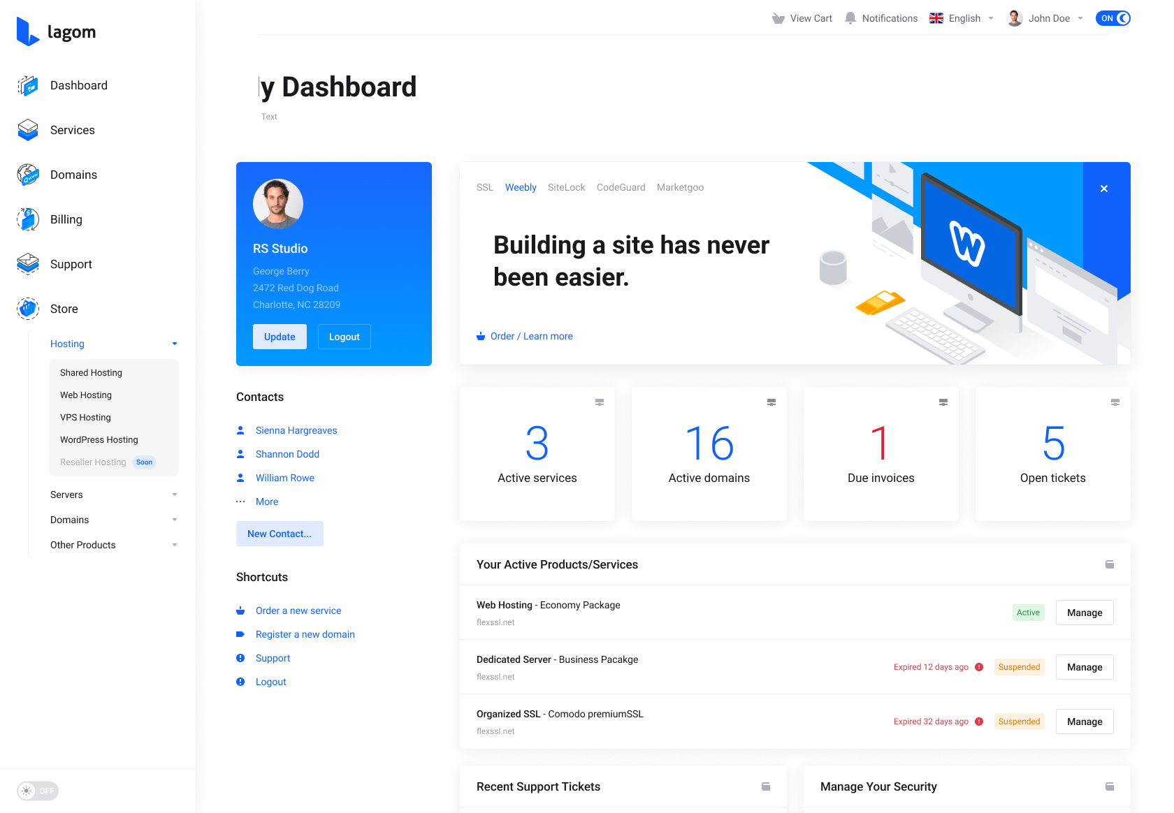 Lagom WHMCS Client Theme - Left Wide Navigation Layout and Default Style