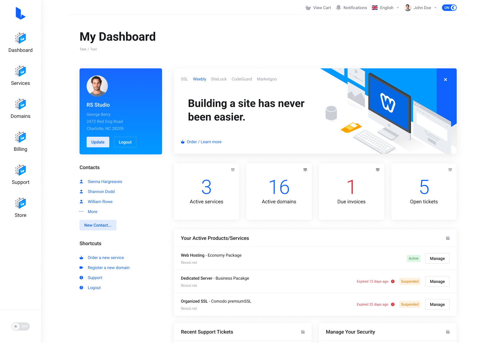 Lagom WHMCS Client Theme - Left Wide Navigation Layout and Default Style