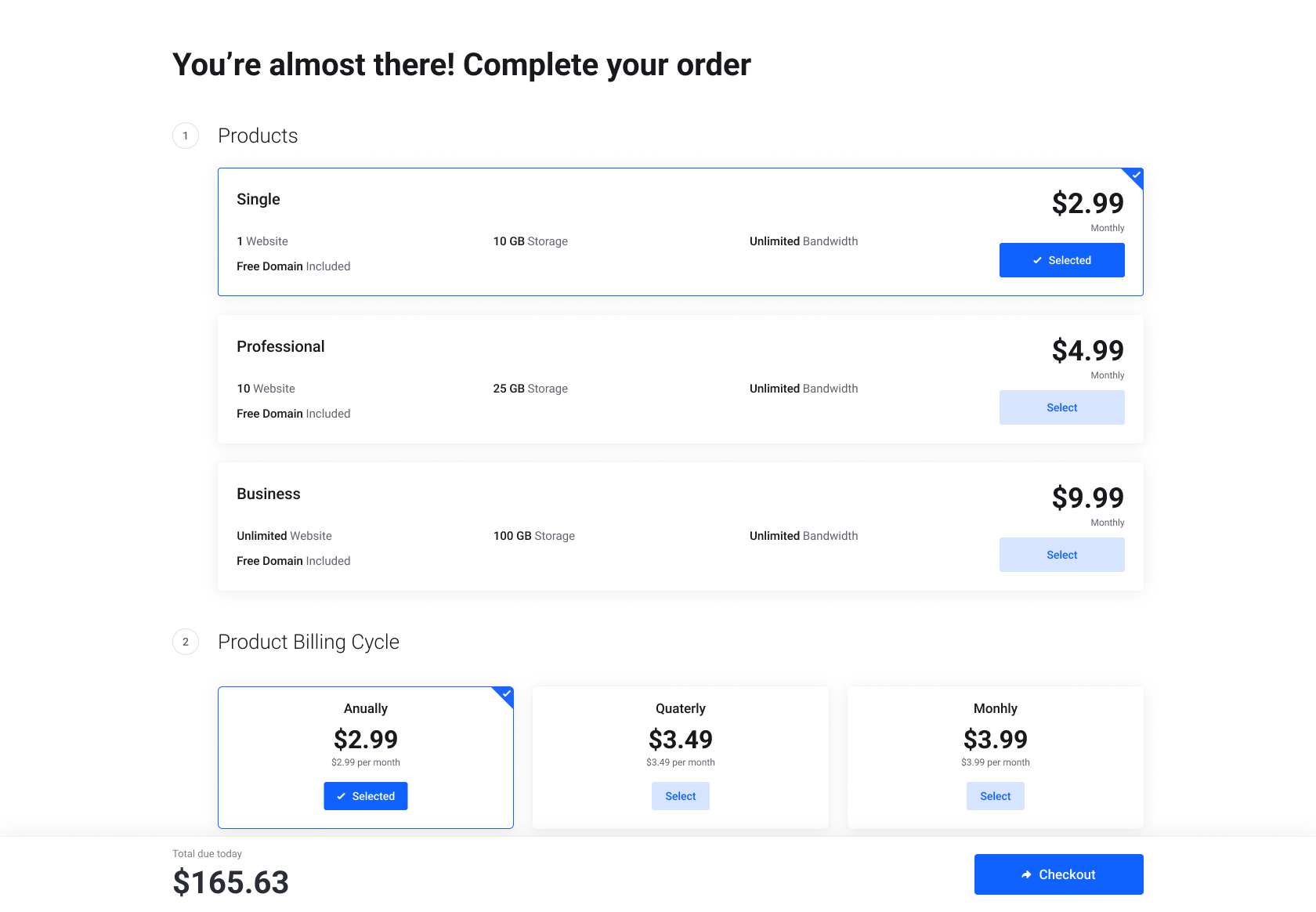 Lagom WHMCS Smart Order - Bottom order summary with horizontal packages