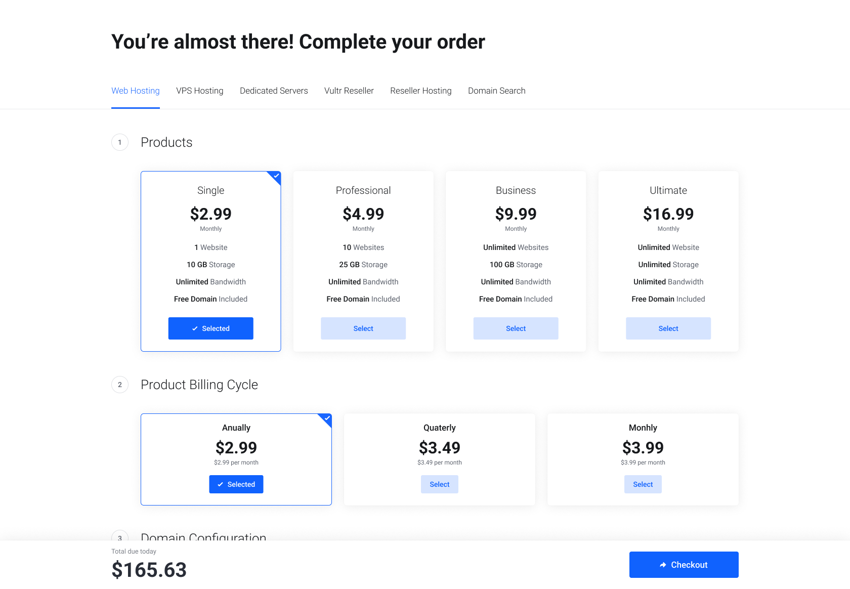 Lagom WHMCS Smart Order - Bottom order summary with product group navigation