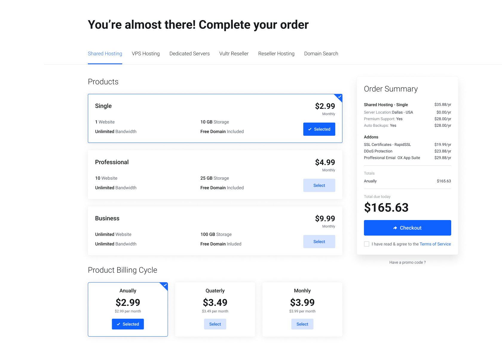 Lagom WHMCS Smart Order - Sidebar Order Summary with horizontal packages
