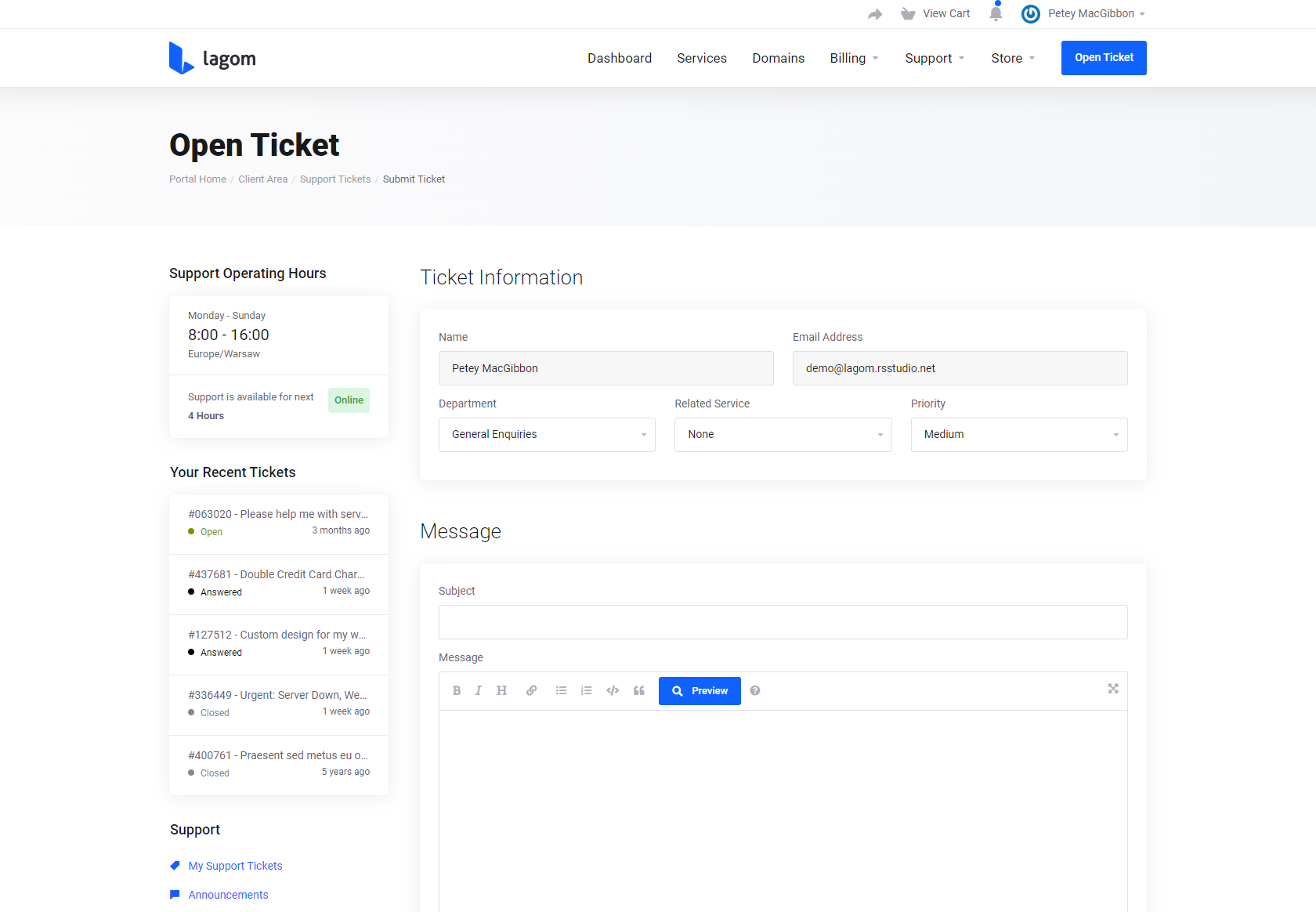 Support Hours for Lagom WHMCS Client Theme - Open New Ticket
