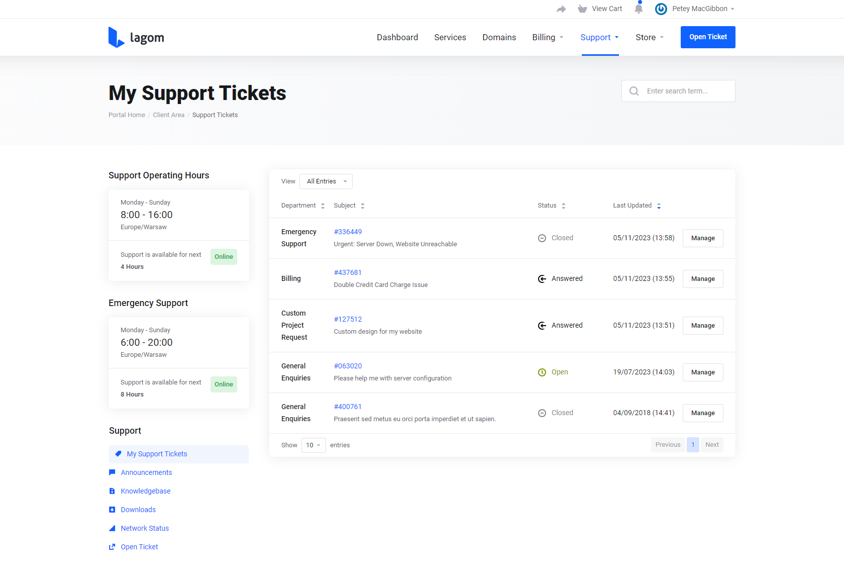 Support Hours for Lagom WHMCS Client Theme - Ticket List