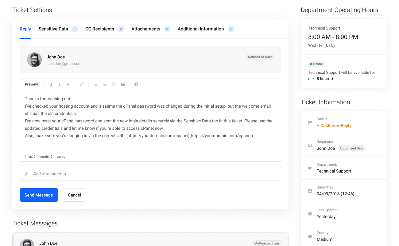 Stramlined ticket interface in WHMCS client area - Lagom WHMCS Client Theme