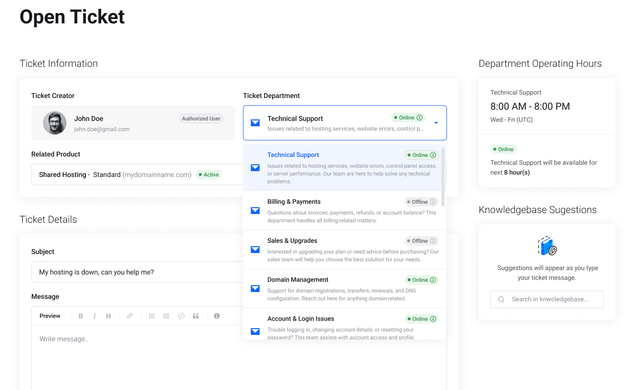 Clarity during ticket creation in WHMCS client area - Lagom WHMCS Client Theme