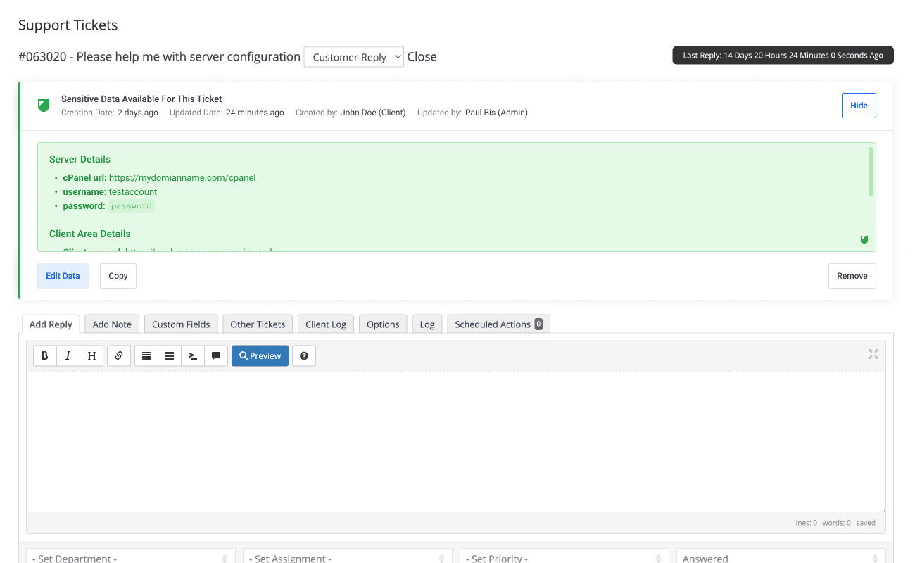 Direct access to sensitive data in the WHMCS admin area ticket view page - Lagom WHMCS Sensitive Data