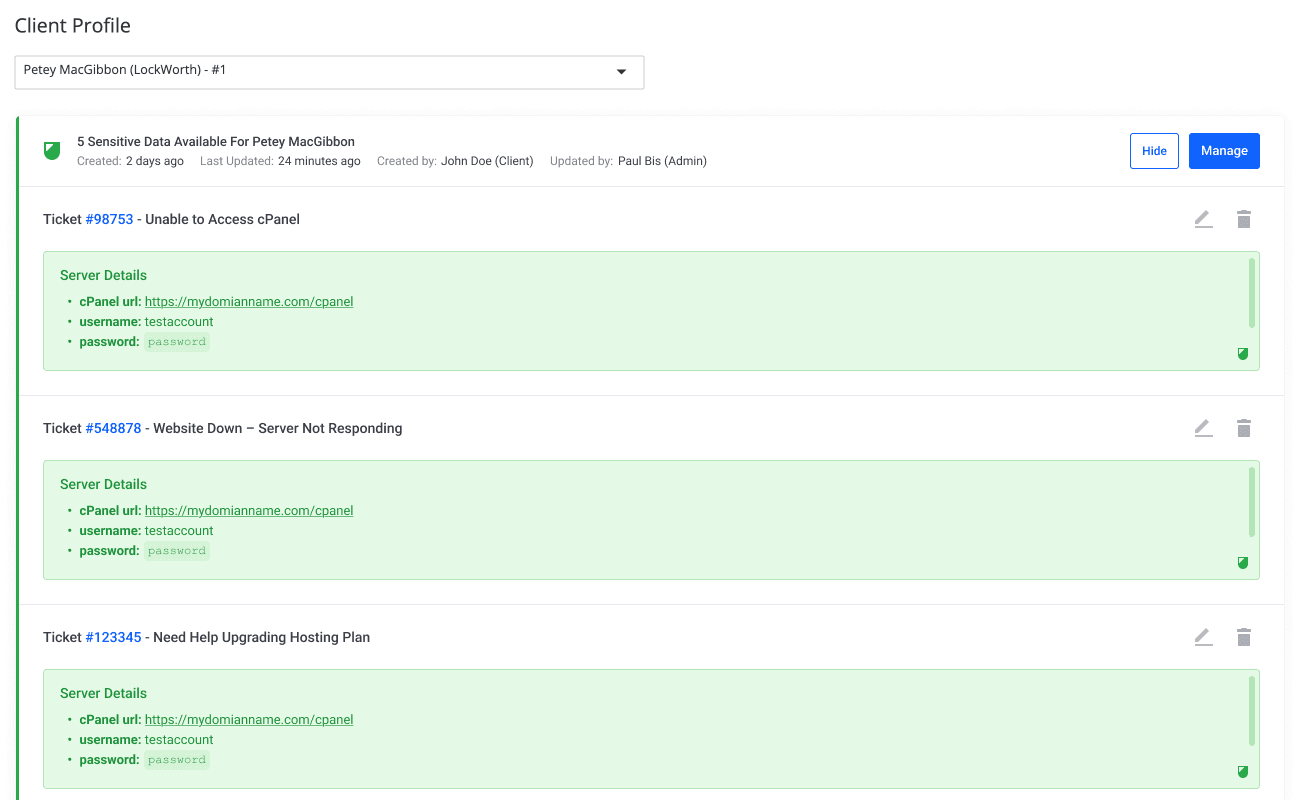 Centralized sensitive data per customer profile in WHMCS admin area - Lagom WHMCS Sensitive Data