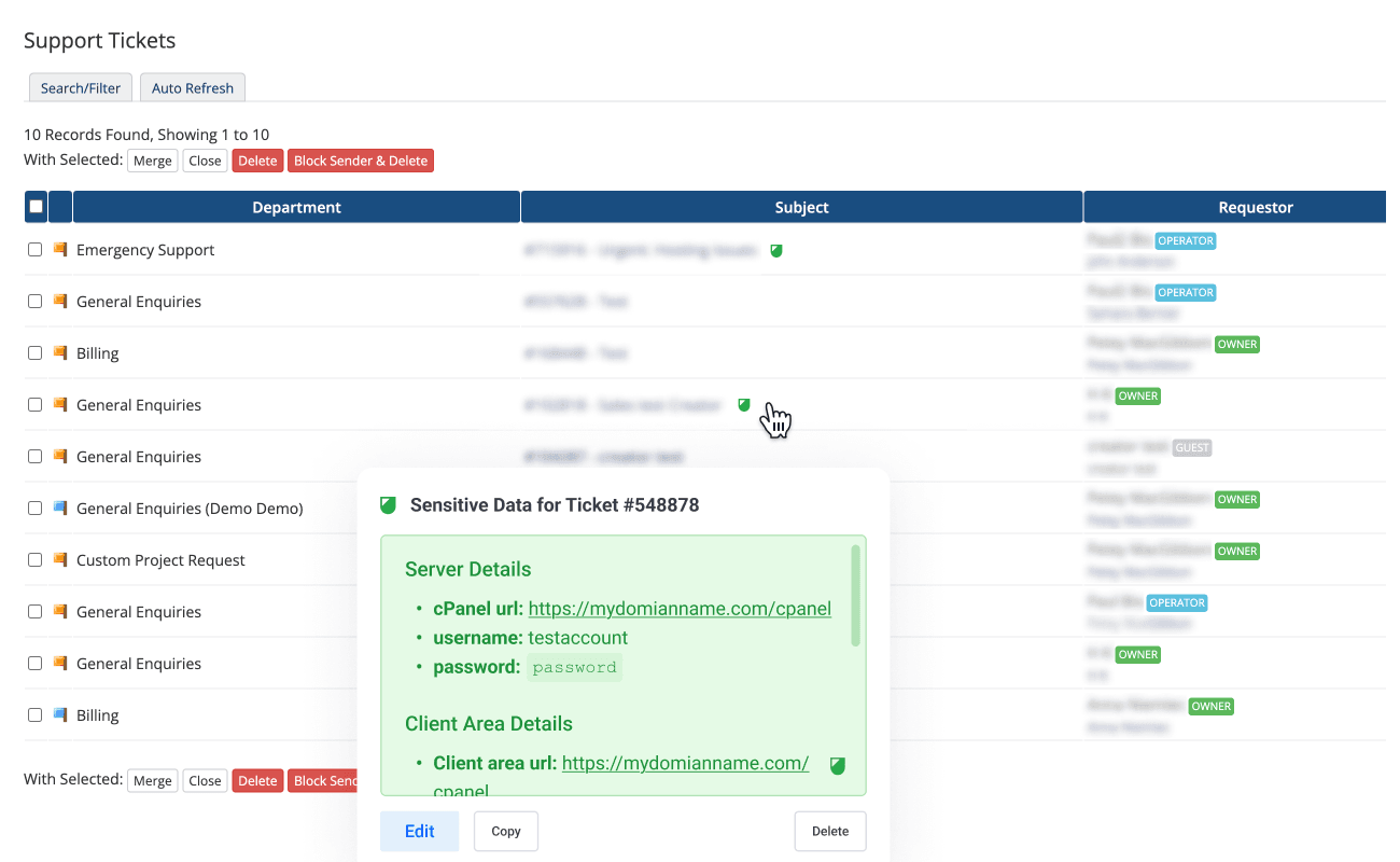 Smart visual shield icon for quick management of sensitive data in WHMCS admin area - Lagom WHMCS Sensitive Data
